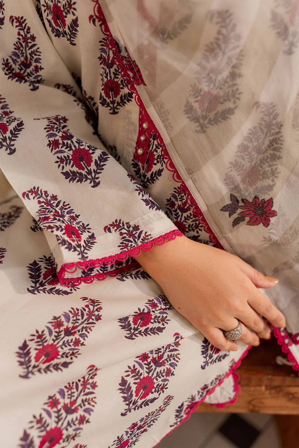 Classic Off-White & Maroon Printed Lawn Suit – 3 Piece Summer Wear