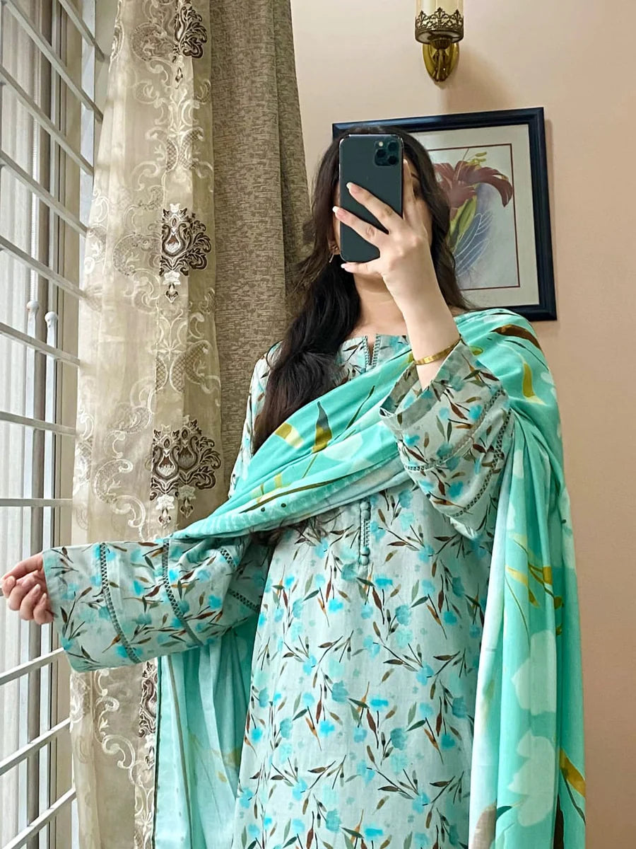 3 Piece Printed Lawn Suit with Dupatta – Mid Season Casual Elegance
