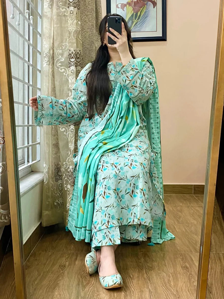 3 Piece Printed Lawn Suit with Dupatta – Mid Season Casual Elegance