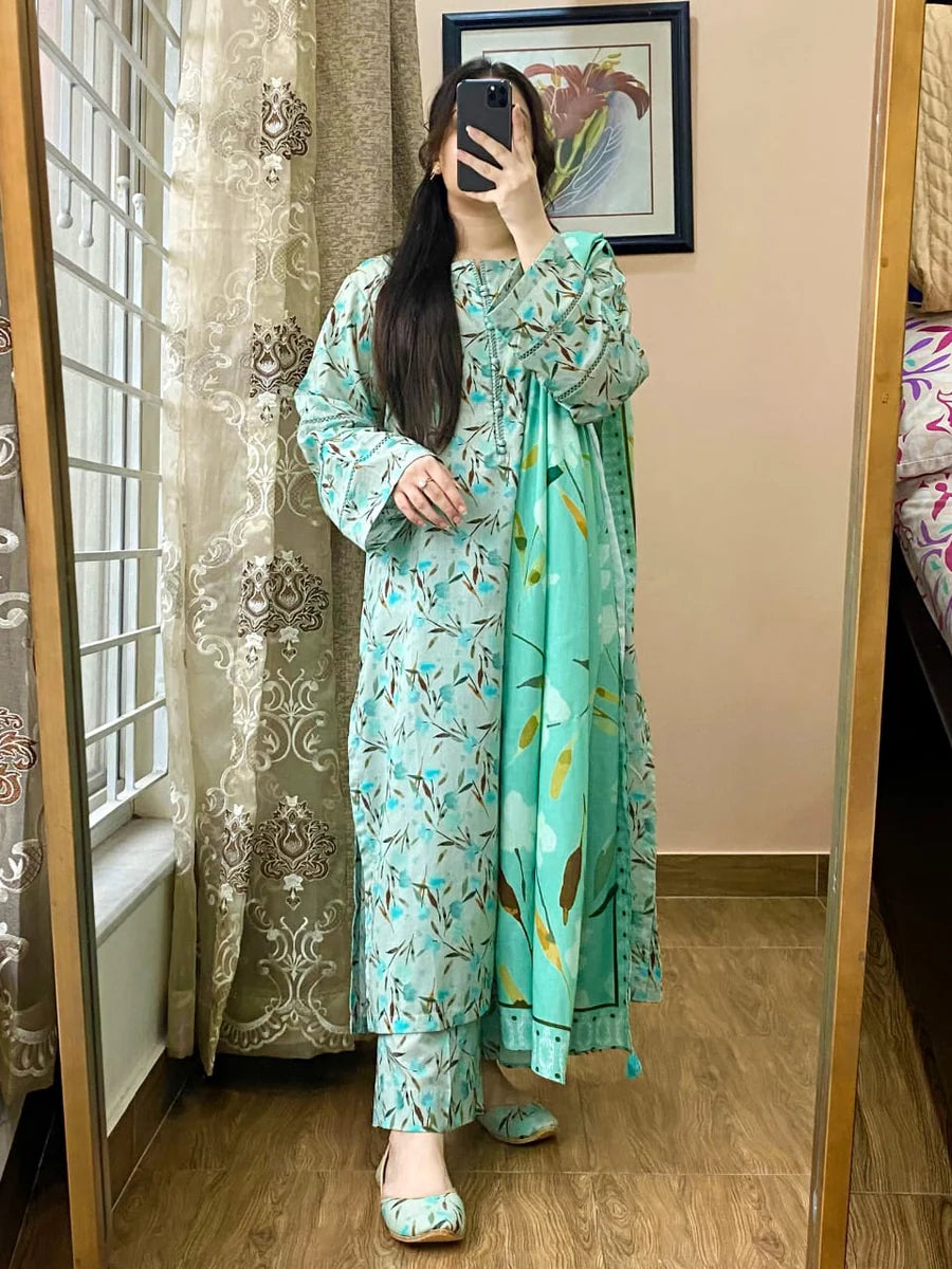 3 Piece Printed Lawn Suit with Dupatta – Mid Season Casual Elegance