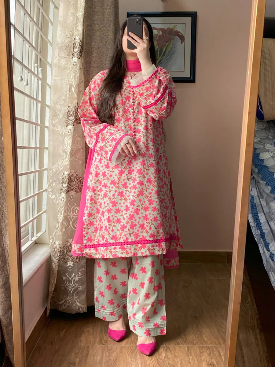 3 Piece Lawn Printed Dress with Chiffon Dupatta – Light Pista Green Elegance