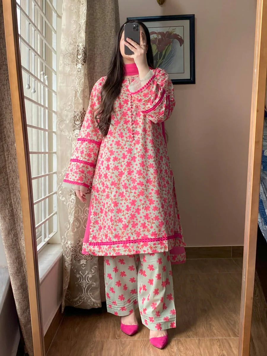 3 Piece Lawn Printed Dress with Chiffon Dupatta – Light Pista Green Elegance