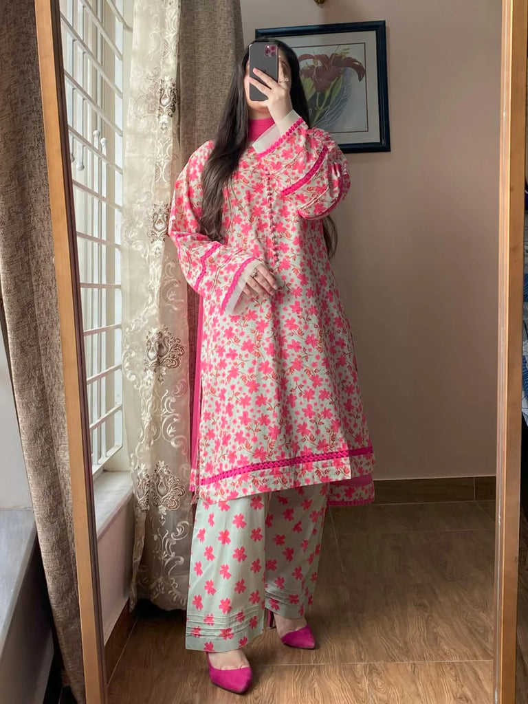 3 Piece Lawn Printed Dress with Chiffon Dupatta – Light Pista Green Elegance