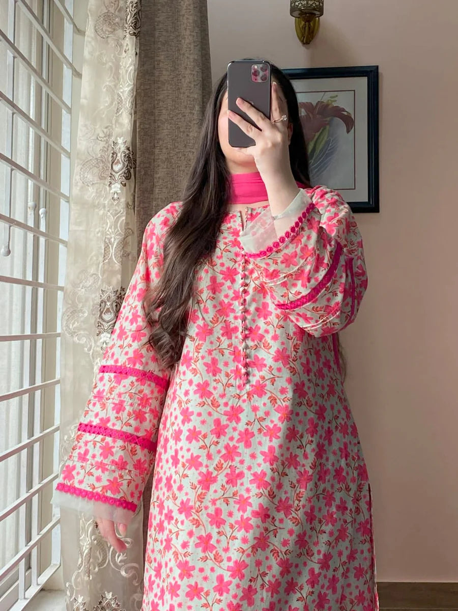 3 Piece Lawn Printed Dress with Chiffon Dupatta – Light Pista Green Elegance