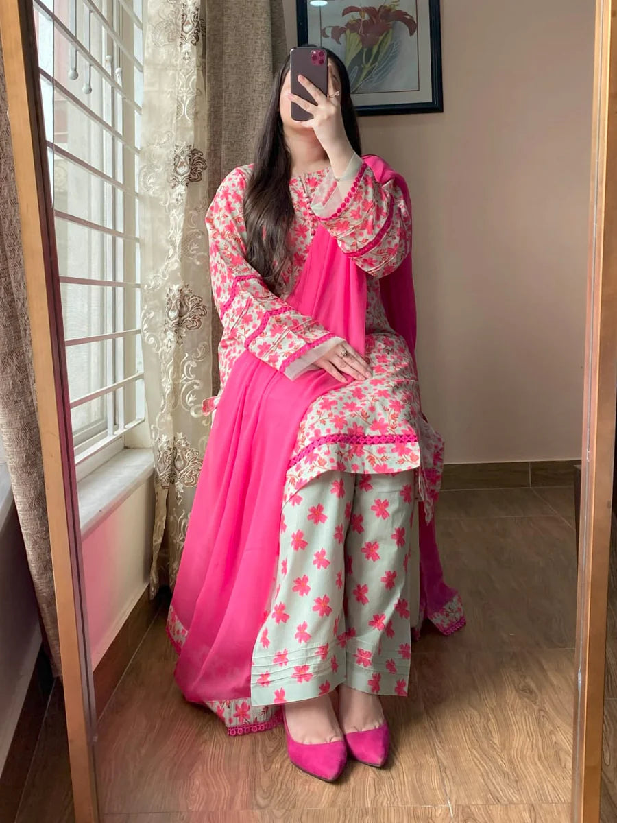 3 Piece Lawn Printed Dress with Chiffon Dupatta – Light Pista Green Elegance