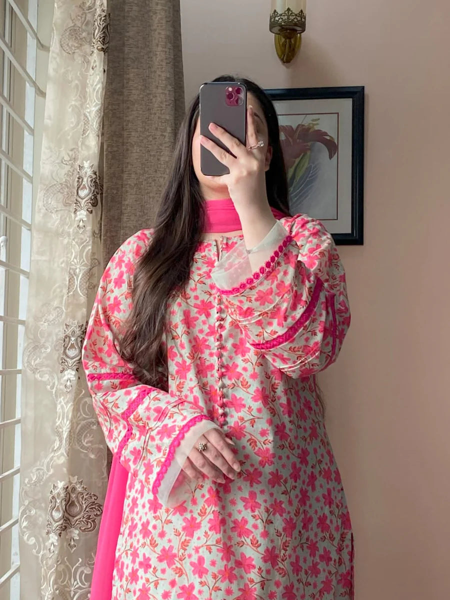 3 Piece Lawn Printed Dress with Chiffon Dupatta – Light Pista Green Elegance