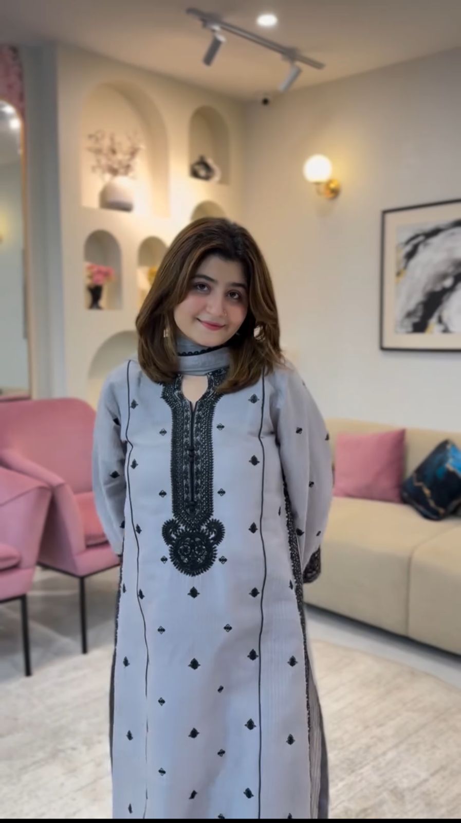 Elegant 3 Piece Embroidered Lawn Suit – Grey & Black Contrast