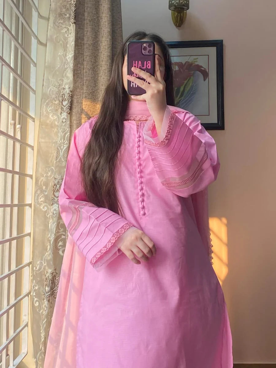 Winter Bliss – Soft Pink Cotton 3-Piece Suit