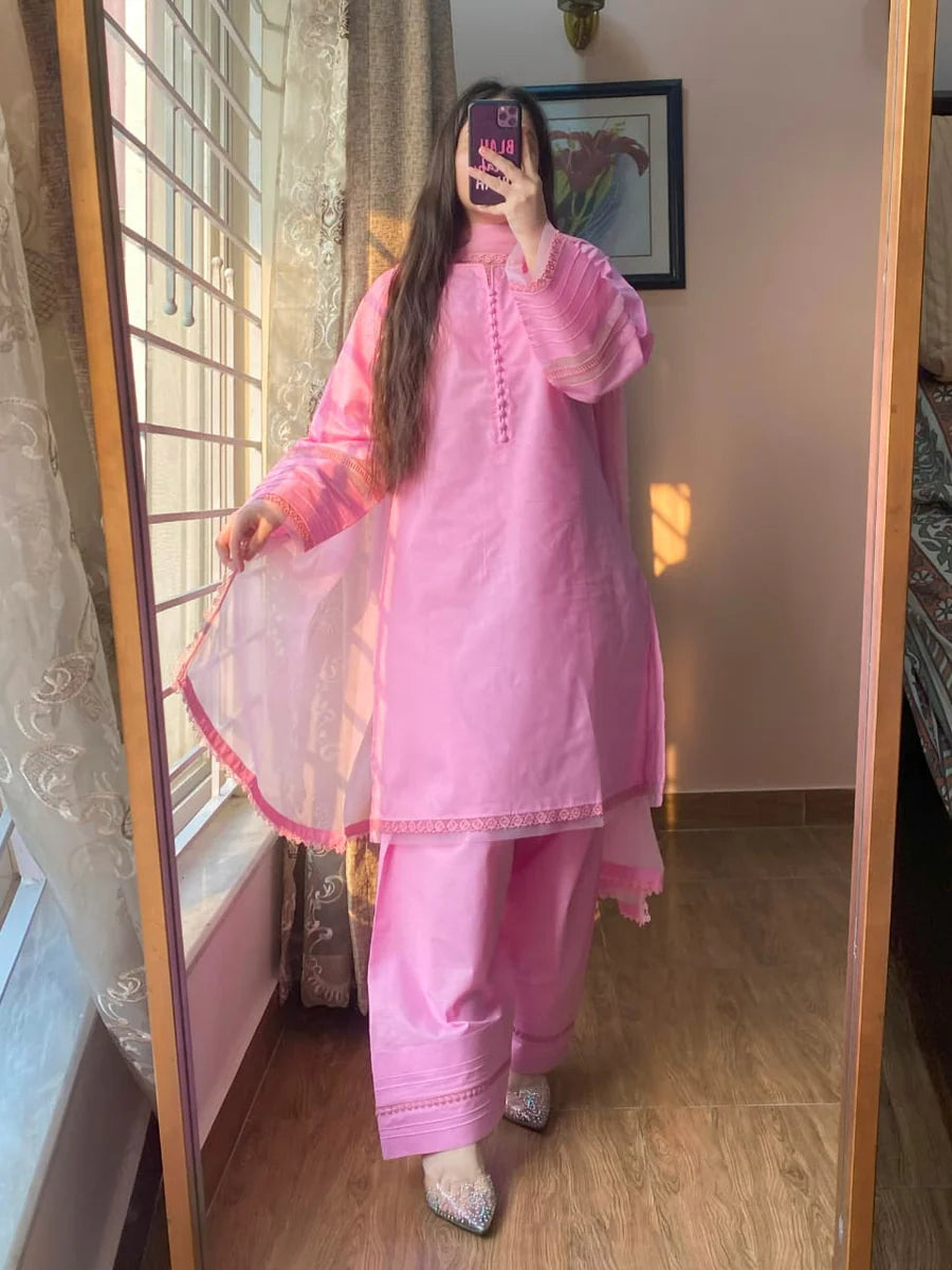 Winter Bliss – Soft Pink Cotton 3-Piece Suit