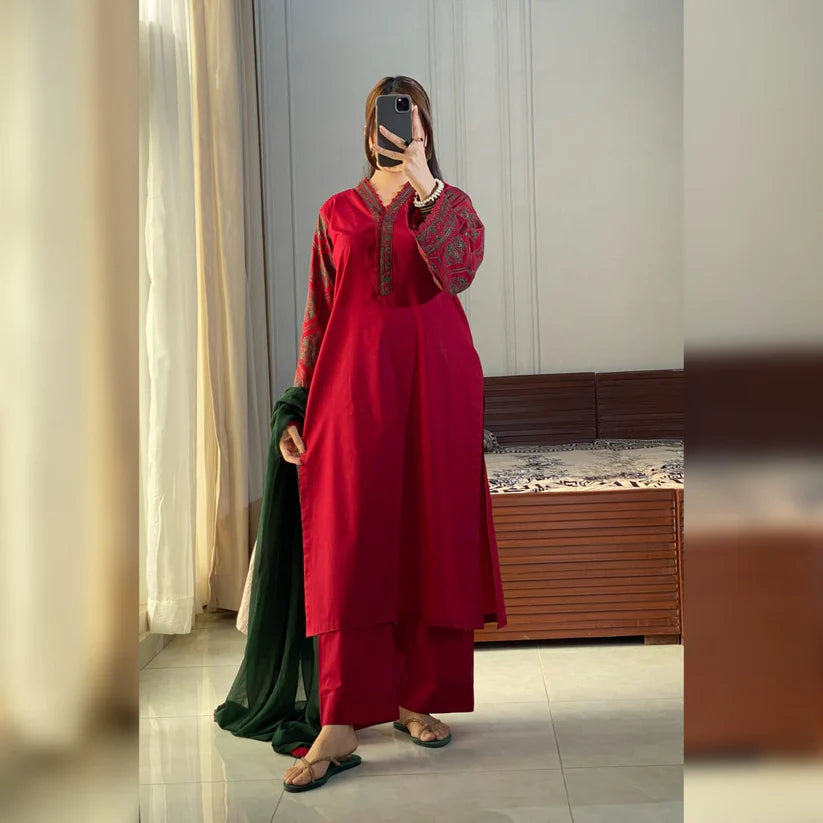 Cardinal Maroon Embroidered 3PC