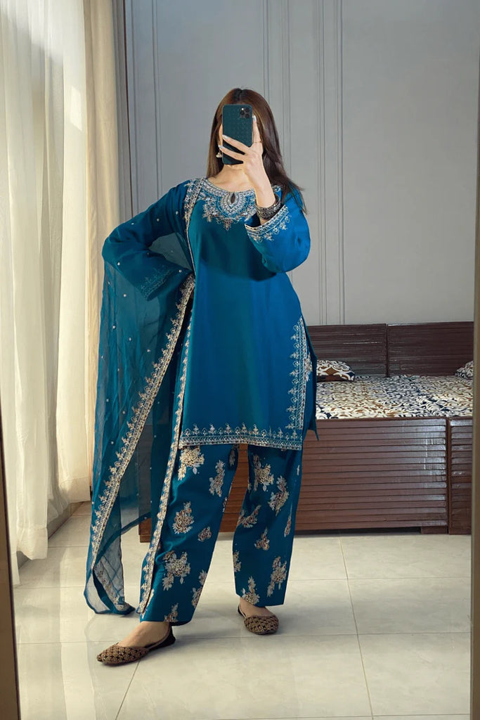 Teal Blue Embroidered 3-Piece Cotton Suit
