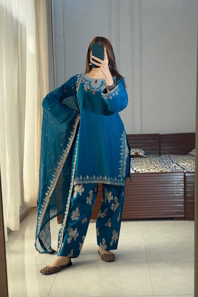 Teal Blue Embroidered 3-Piece Cotton Suit