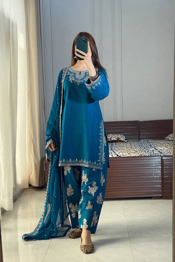 Teal Blue Embroidered 3-Piece Cotton Suit