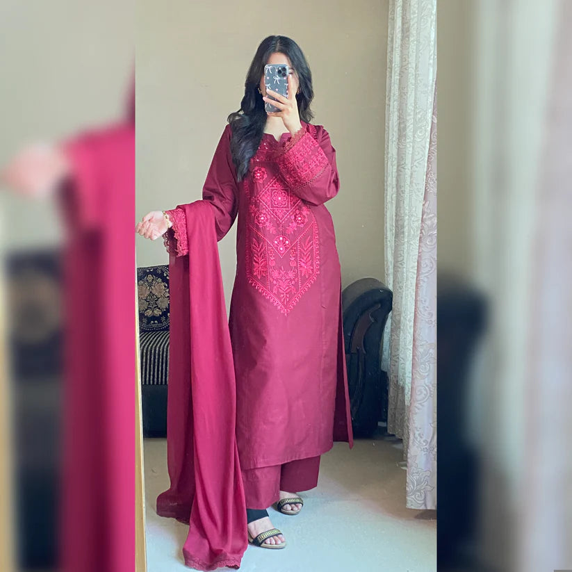 burgundy Embroidered 3PC