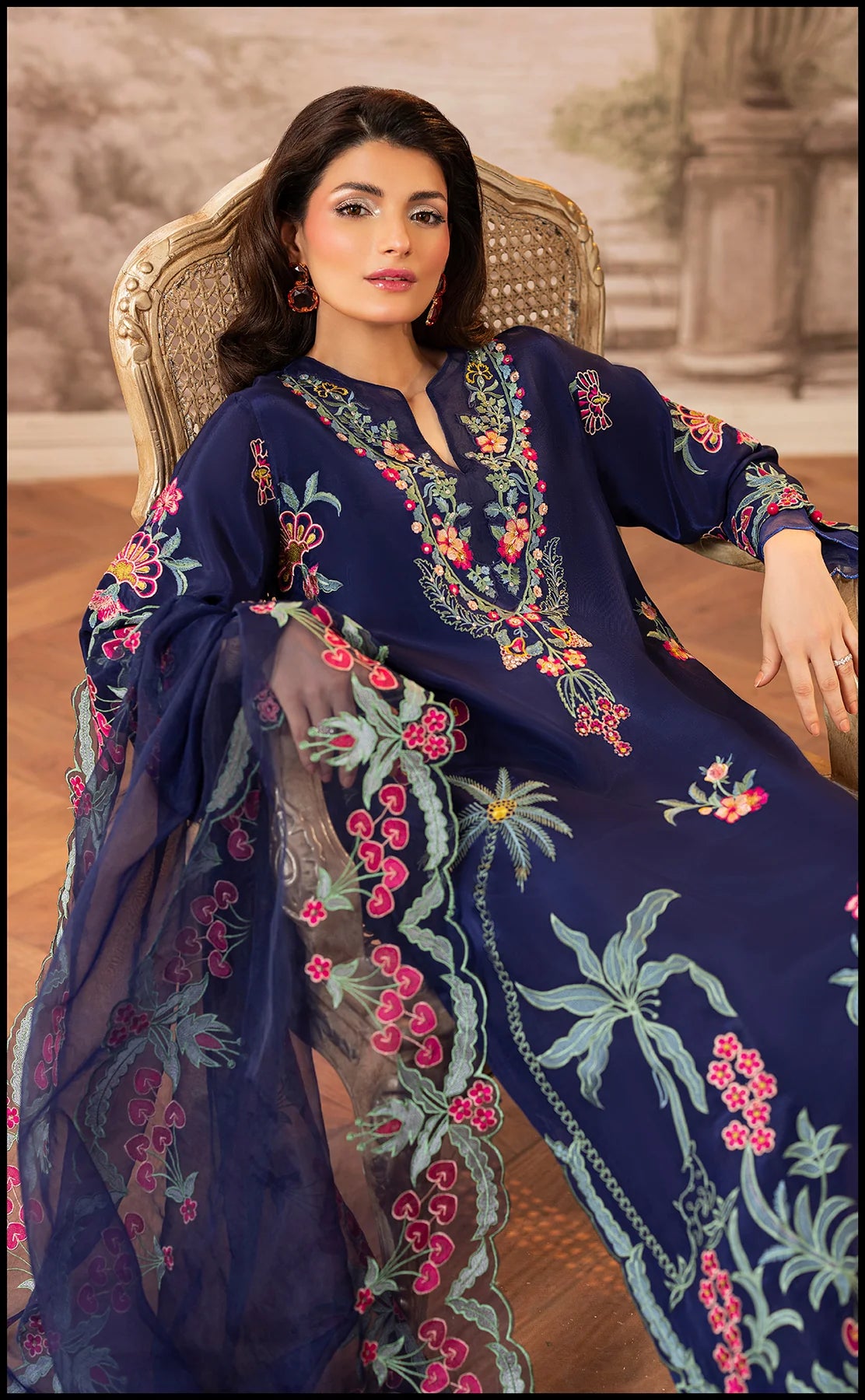 Luxury Embroidered Winter 3-Piece Dress – Navy Blue Elegance