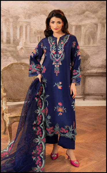 Luxury Embroidered Winter 3-Piece Dress – Navy Blue Elegance