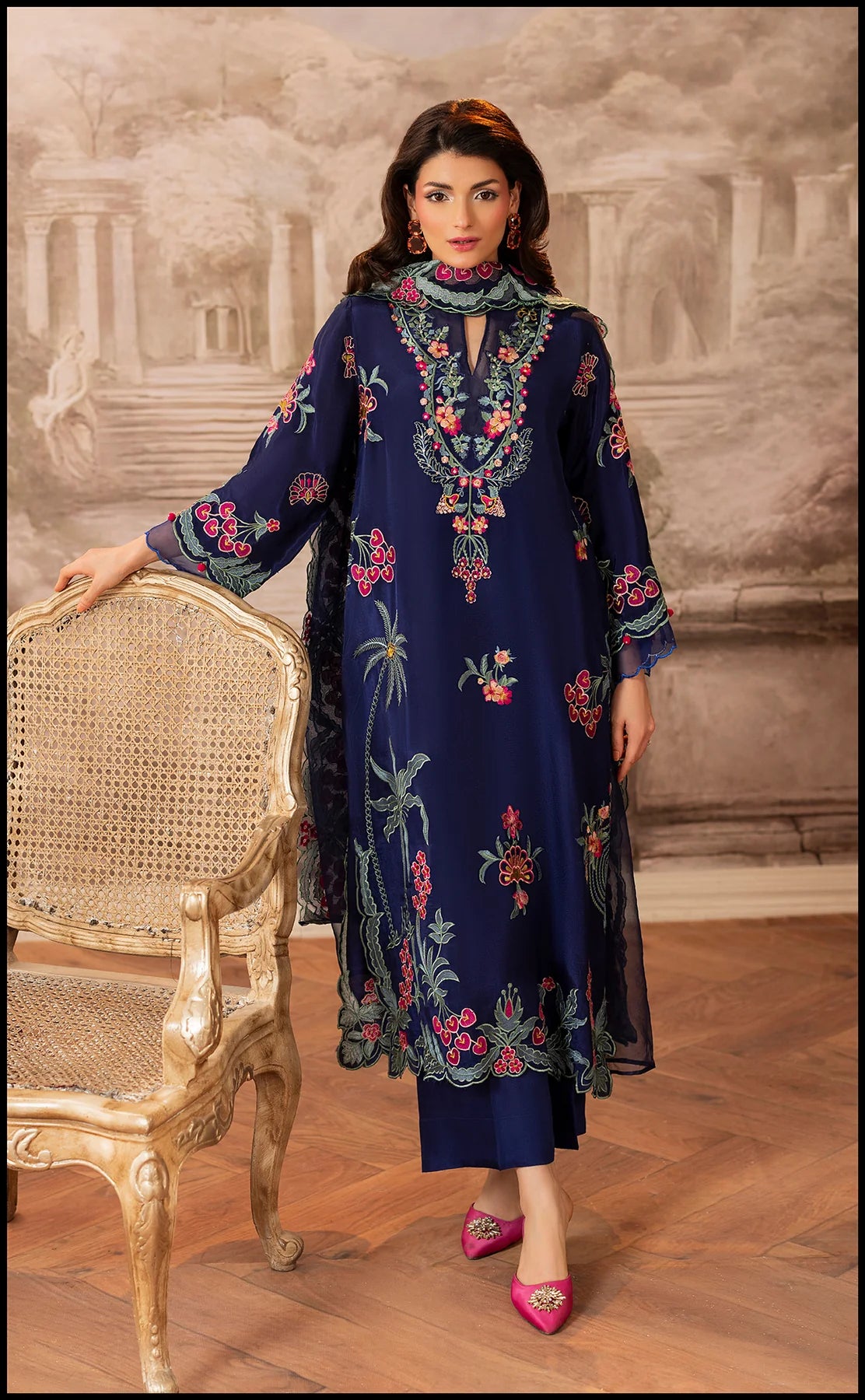 Luxury Embroidered Winter 3-Piece Dress – Navy Blue Elegance