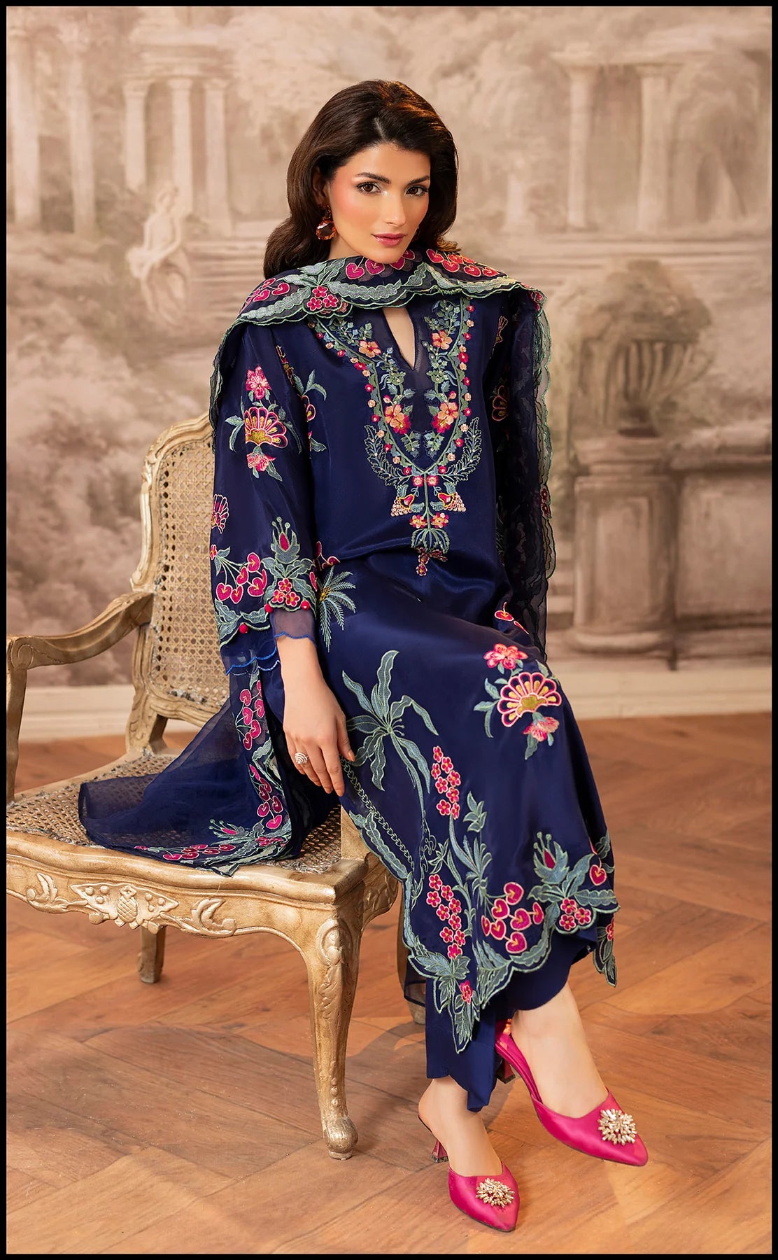 Luxury Embroidered Winter 3-Piece Dress – Navy Blue Elegance