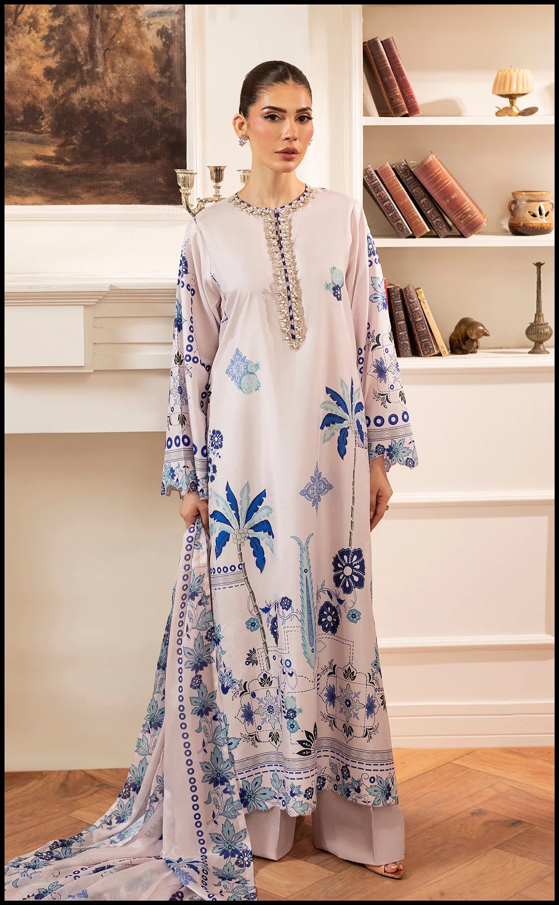 Winter Digital Printed 3 Piece Khaddar Suit – Frosty Blue Charm