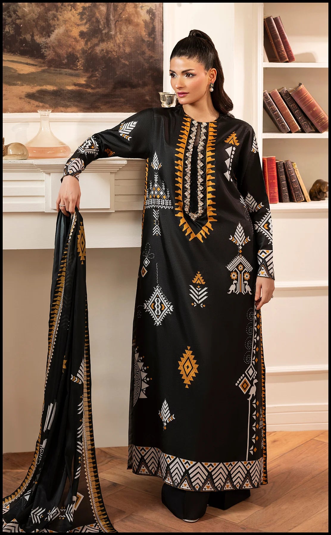 Elegant Winter Printed 3-Piece Dress – Black & Mustard Ethnic Edition