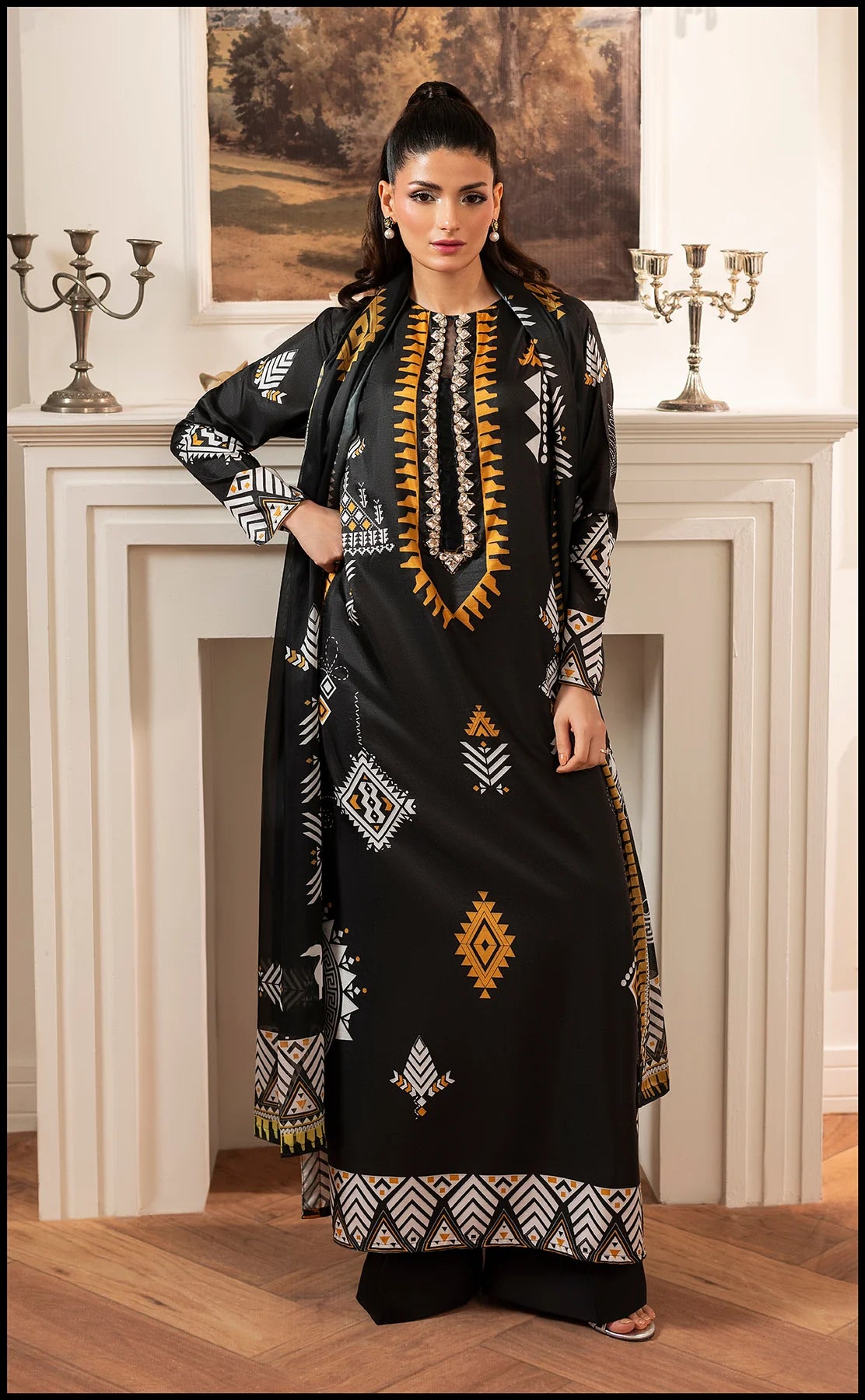 Elegant Winter Printed 3-Piece Dress – Black & Mustard Ethnic Edition