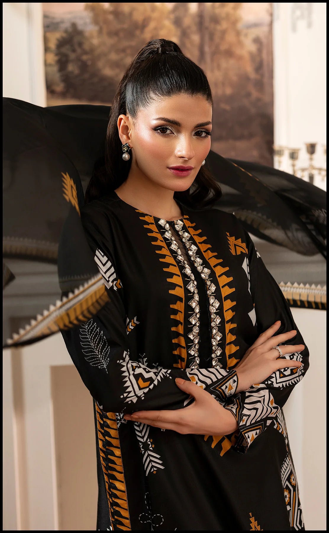 Elegant Winter Printed 3-Piece Dress – Black & Mustard Ethnic Edition